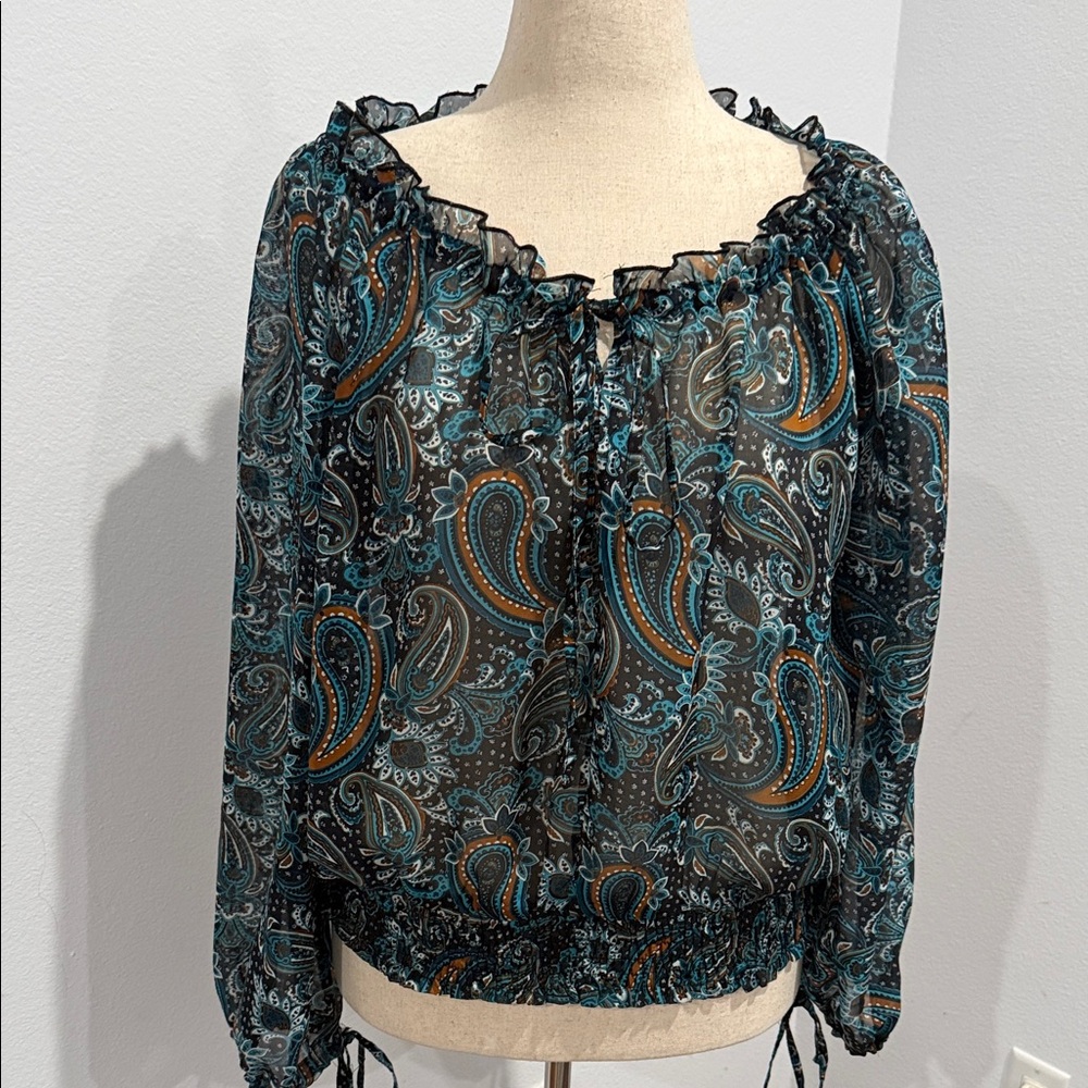 👚 Sheer Paisley Peasant Blouse in Teal and Black